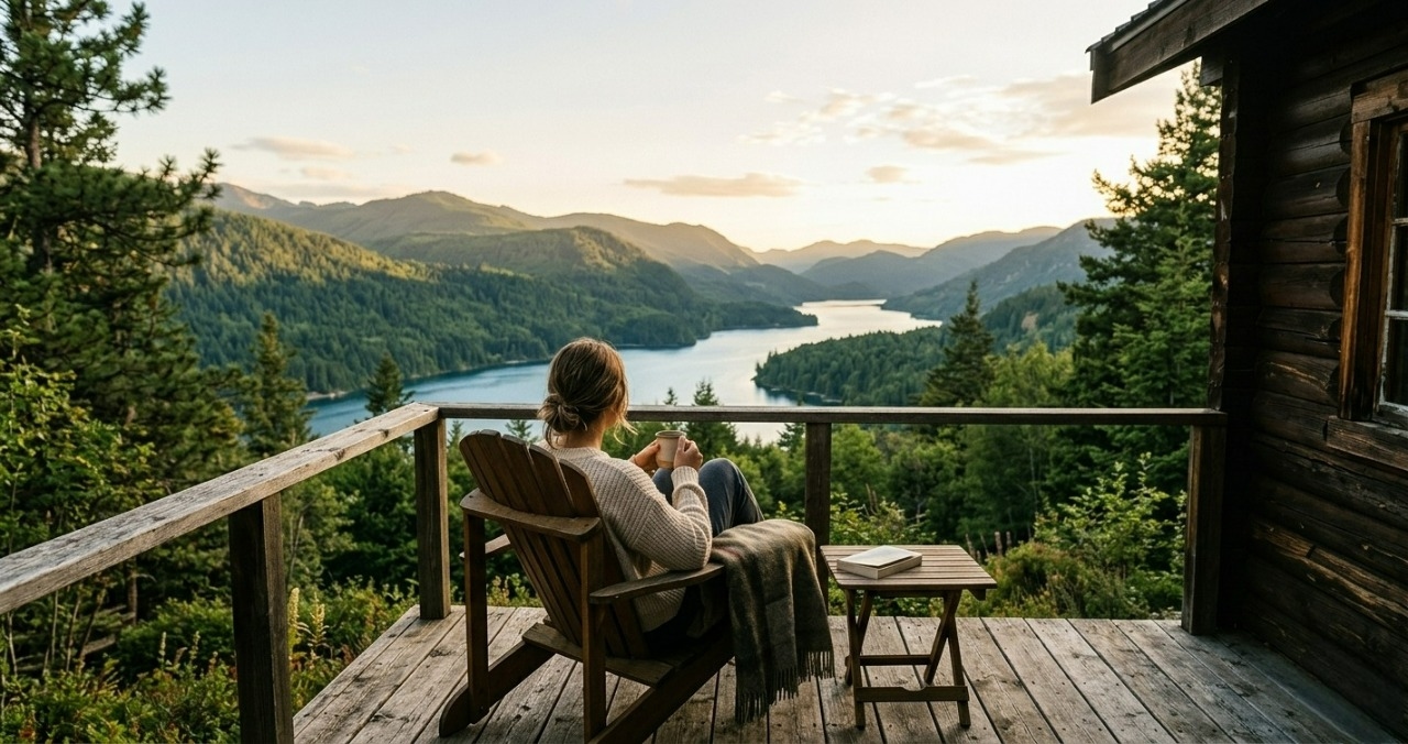 mulher sentada em uma preguiçadeira olhando um rio